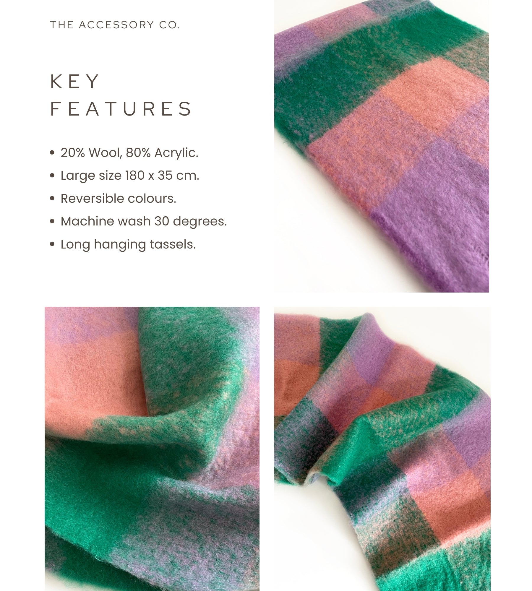 GREEN CHECKED WOOL RAINBOW BLANKET SCARF OVERSIZED WINTER SHAWL WRAP