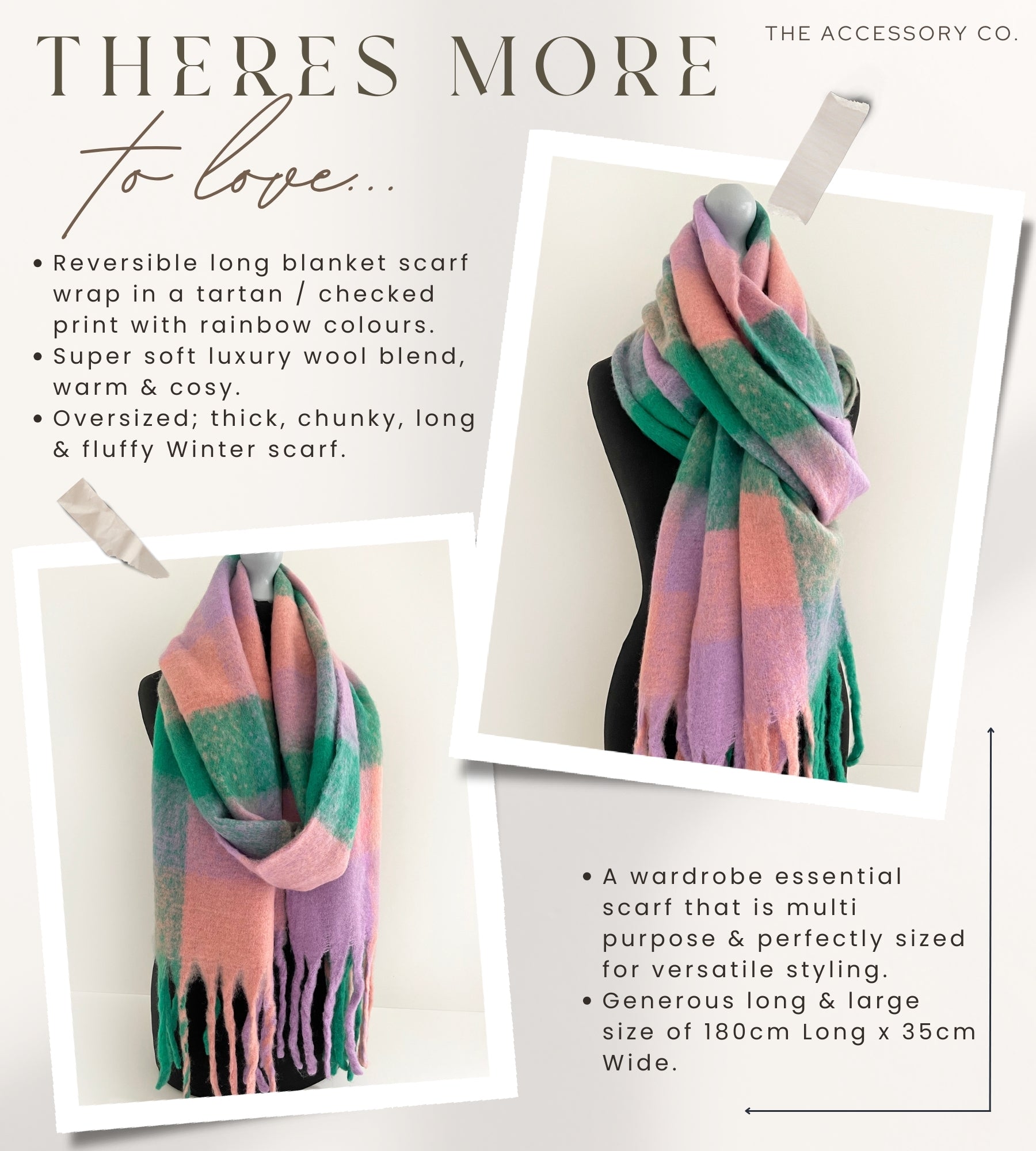 GREEN CHECKED WOOL RAINBOW BLANKET SCARF OVERSIZED WINTER SHAWL WRAP