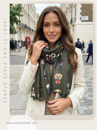 GREEN COTTON BLEND DOG PRINT LIGHTWEIGHT SCARF - A-SHU.CO.UK