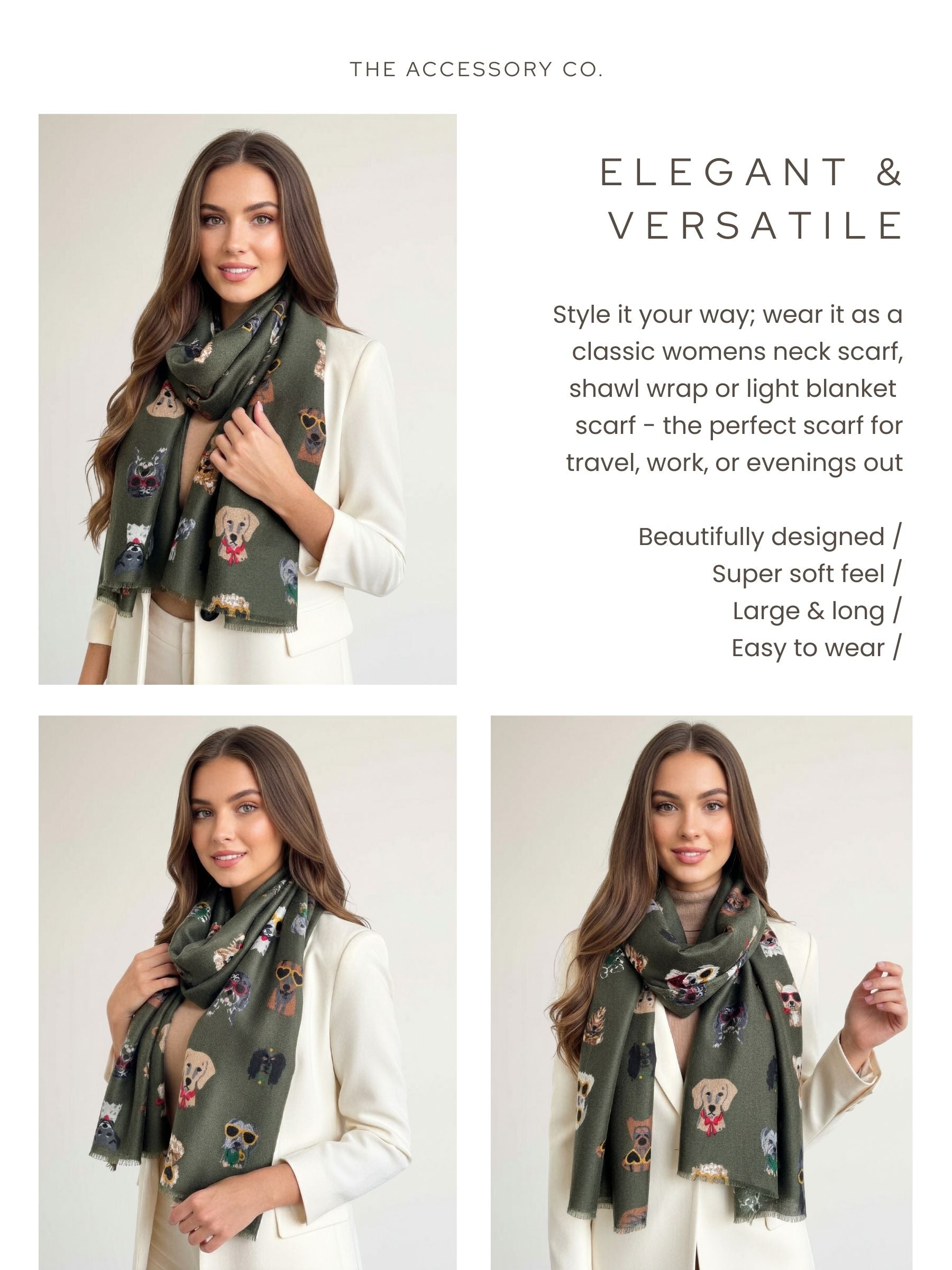 GREEN COTTON BLEND DOG PRINT LIGHTWEIGHT SCARF - A-SHU.CO.UK