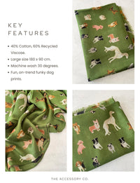 GREEN COTTON BLEND DOG PRINT LIGHTWEIGHT SCARF - A-SHU.CO.UK