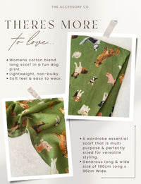 GREEN COTTON BLEND DOG PRINT LIGHTWEIGHT SCARF - A-SHU.CO.UK