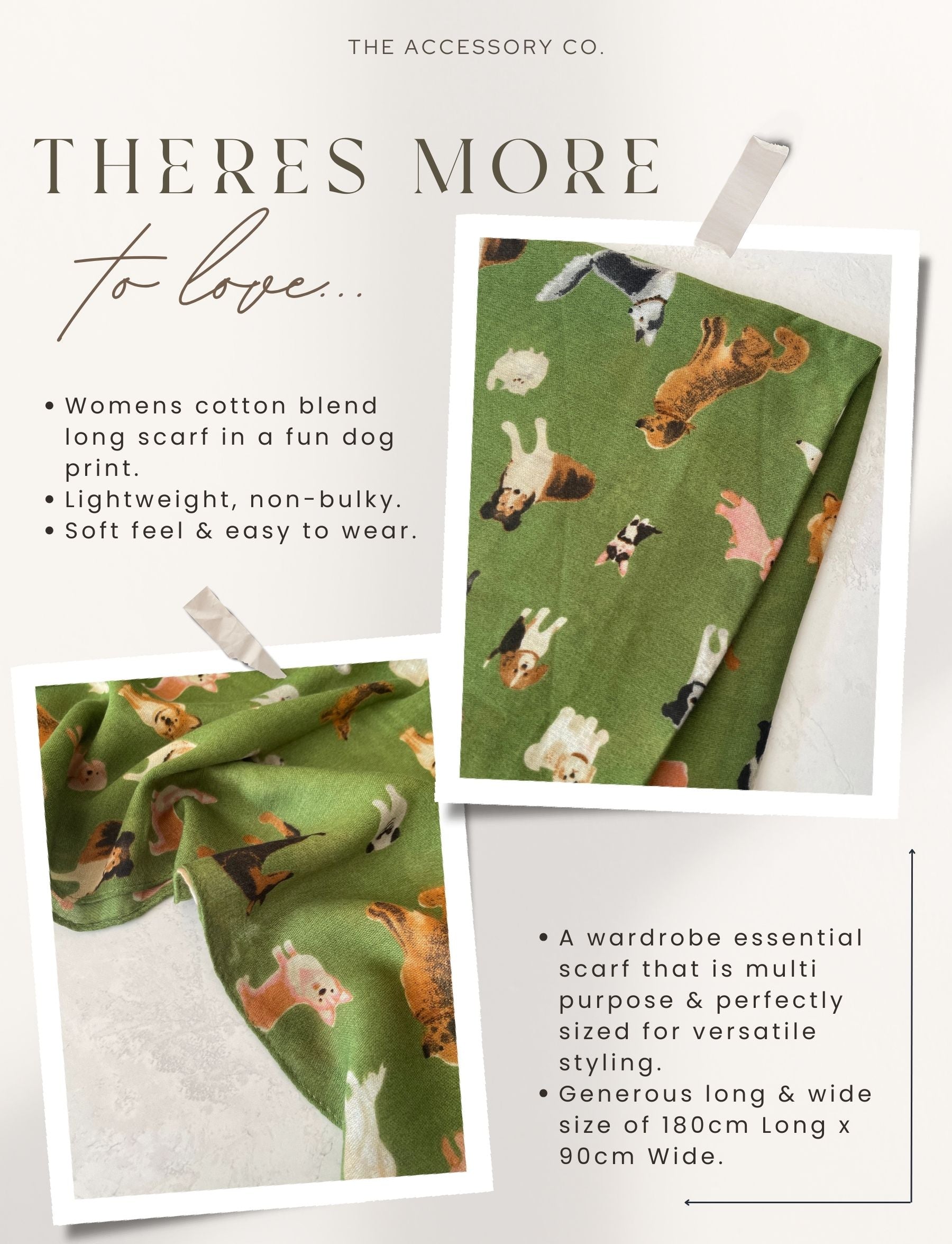 GREEN COTTON BLEND DOG PRINT LIGHTWEIGHT SCARF - A-SHU.CO.UK