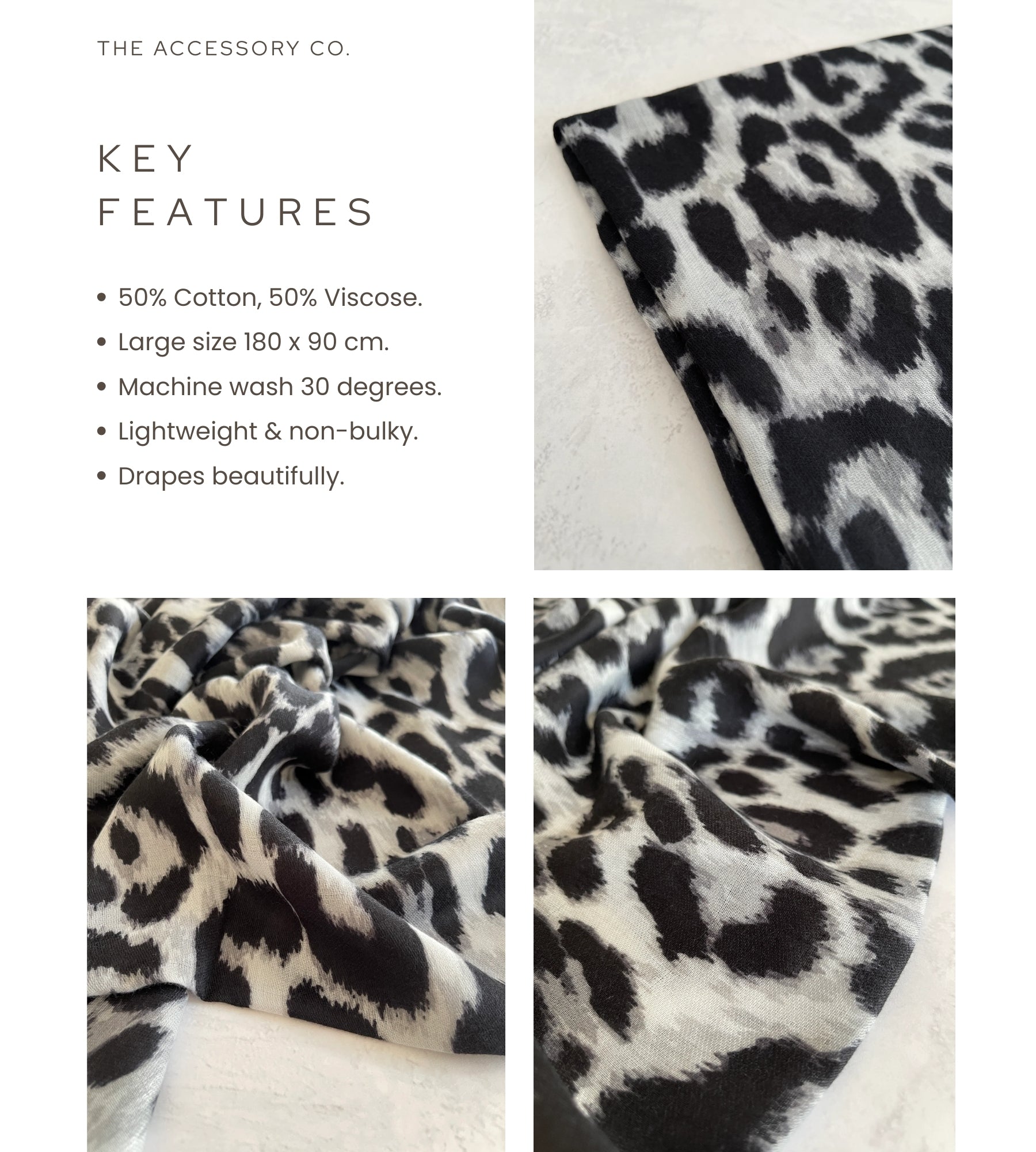 GREY COTTON BLEND CLASSIC LEOPARD PRINT SCARF