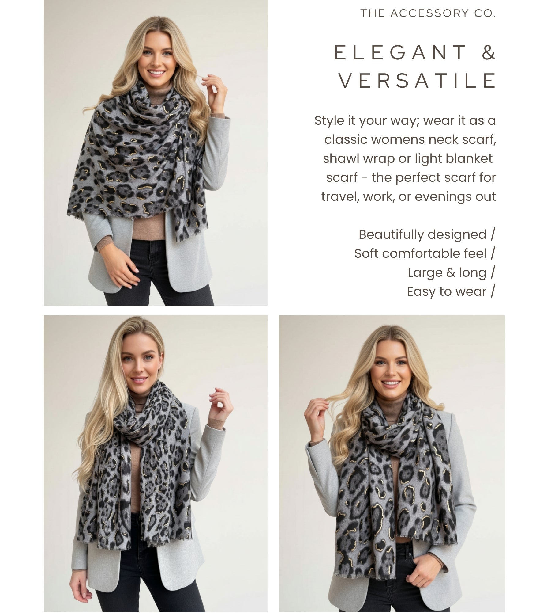 GREY COTTON BLEND METALLIC LEOPARD PRINT SCARF