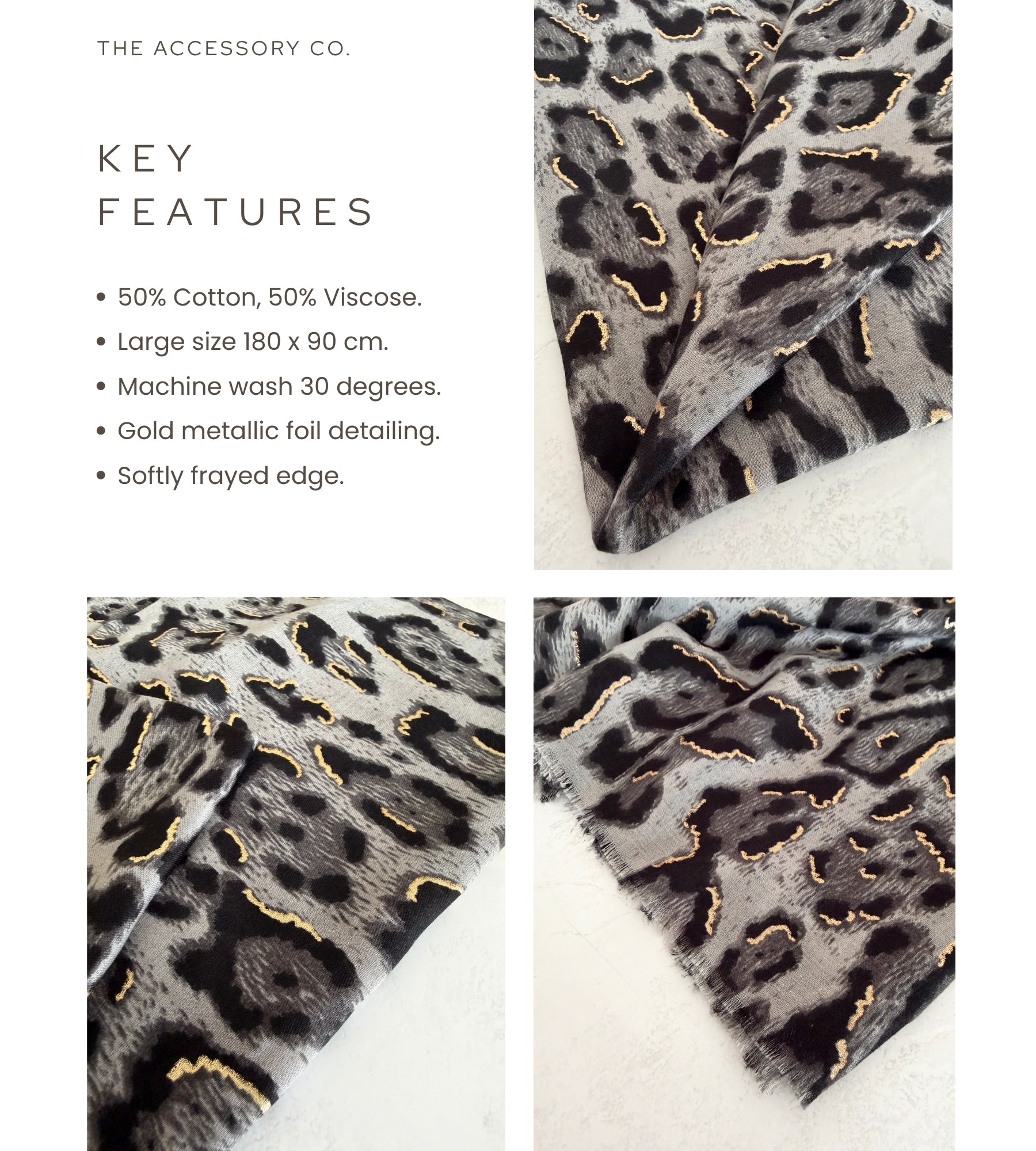 GREY COTTON BLEND METALLIC LEOPARD PRINT SCARF