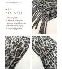 GREY FLUFFY LEOPARD PRINT OVERSIZED BLANKET SCARF SHAWL WRAP