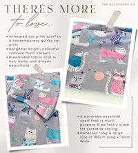 GREY QUIRKY CAT PRINT LONG LIGHTWEIGHT SCARF