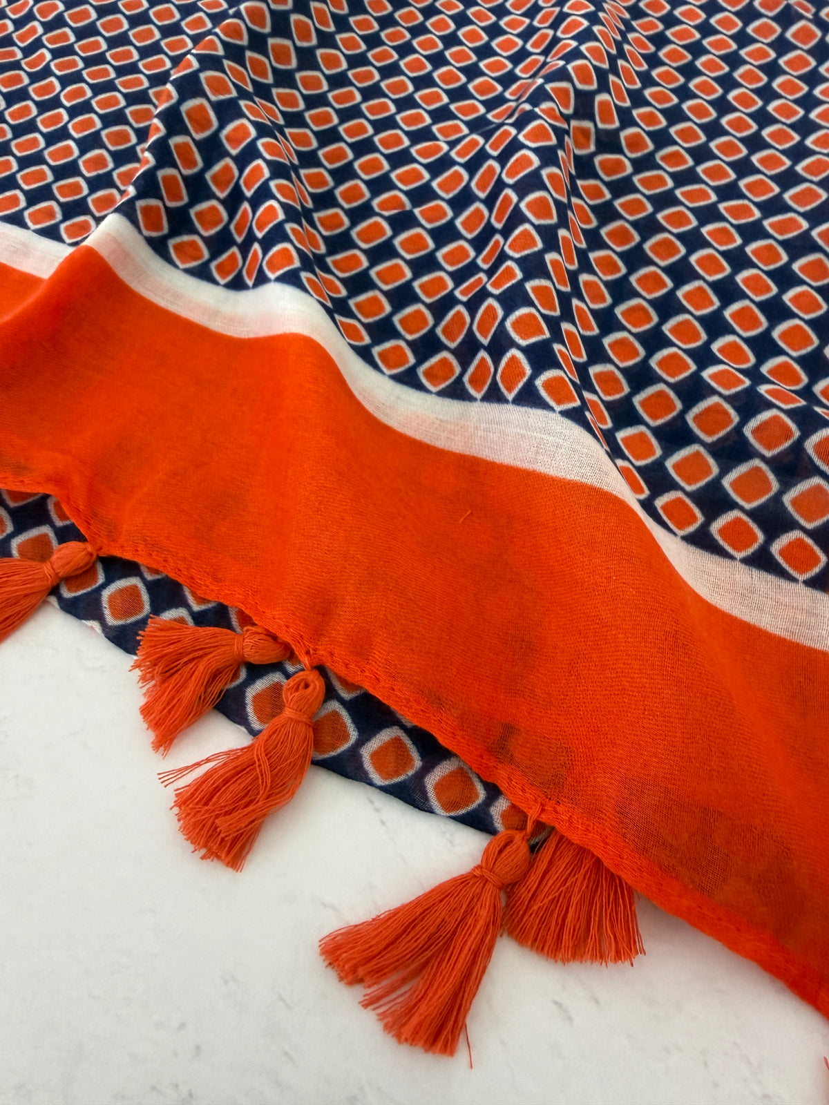 LARGE ORANGE DIAMOND PRINT SHAWL SCARF WITH TASSELS - A-SHU.CO.UK