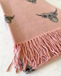 LARGE LIGHT PINK HIGHLAND COW CASHMERE REVERSIBLE SHAWL SCARF