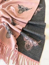 LARGE LIGHT PINK HIGHLAND COW CASHMERE REVERSIBLE SHAWL SCARF