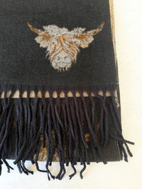 LARGE BLACK HIGHLAND COW CASHMERE REVERSIBLE SHAWL SCARF