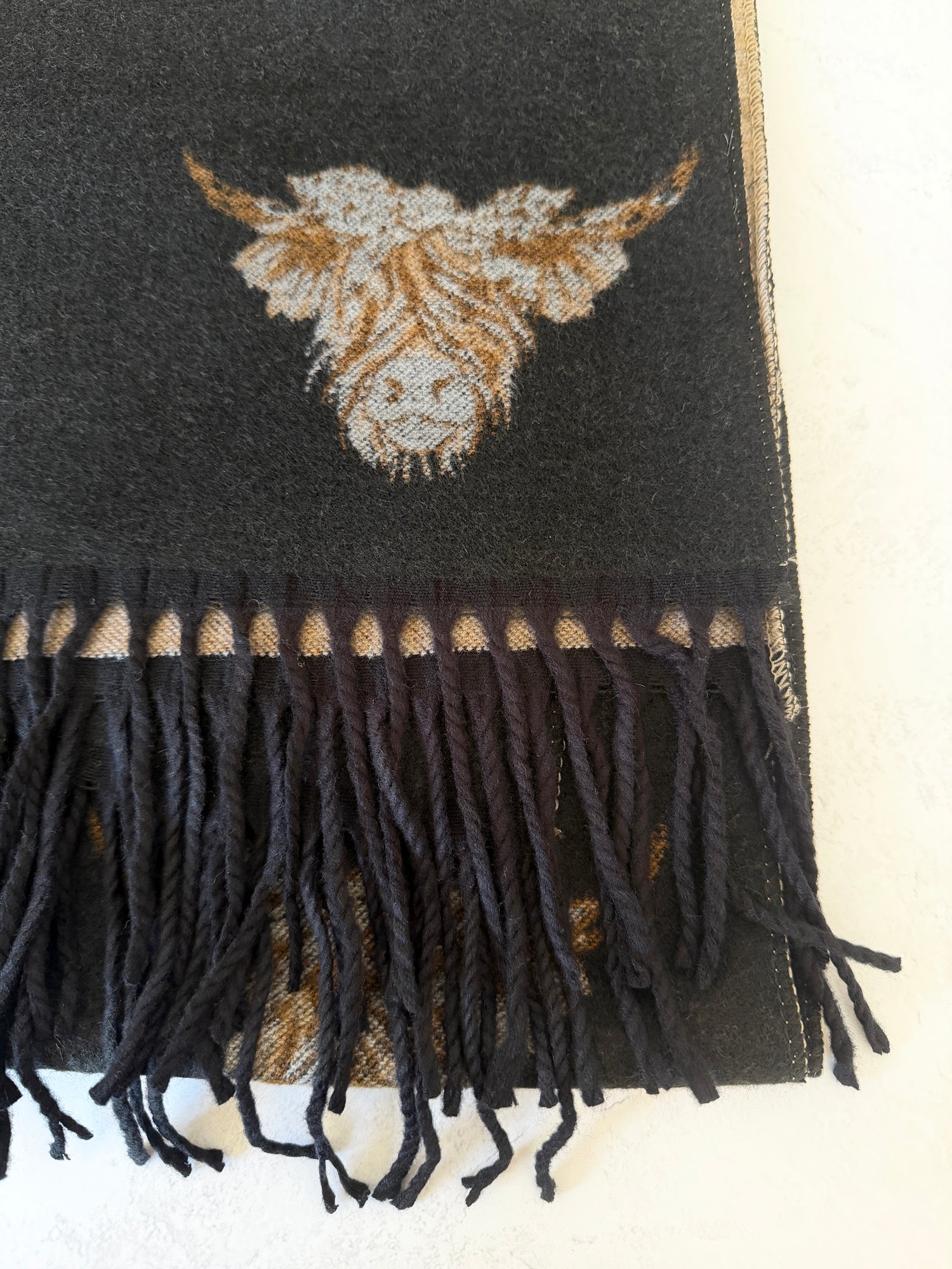 LARGE BLACK HIGHLAND COW CASHMERE REVERSIBLE SHAWL SCARF