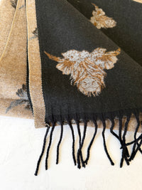 LARGE BLACK HIGHLAND COW CASHMERE REVERSIBLE SHAWL SCARF