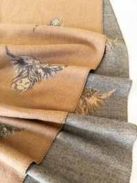 LARGE CAMEL HIGHLAND COW CASHMERE REVERSIBLE SHAWL SCARF