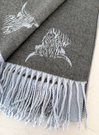 LARGE BABY BLUE HIGHLAND COW CASHMERE REVERSIBLE SHAWL SCARF
