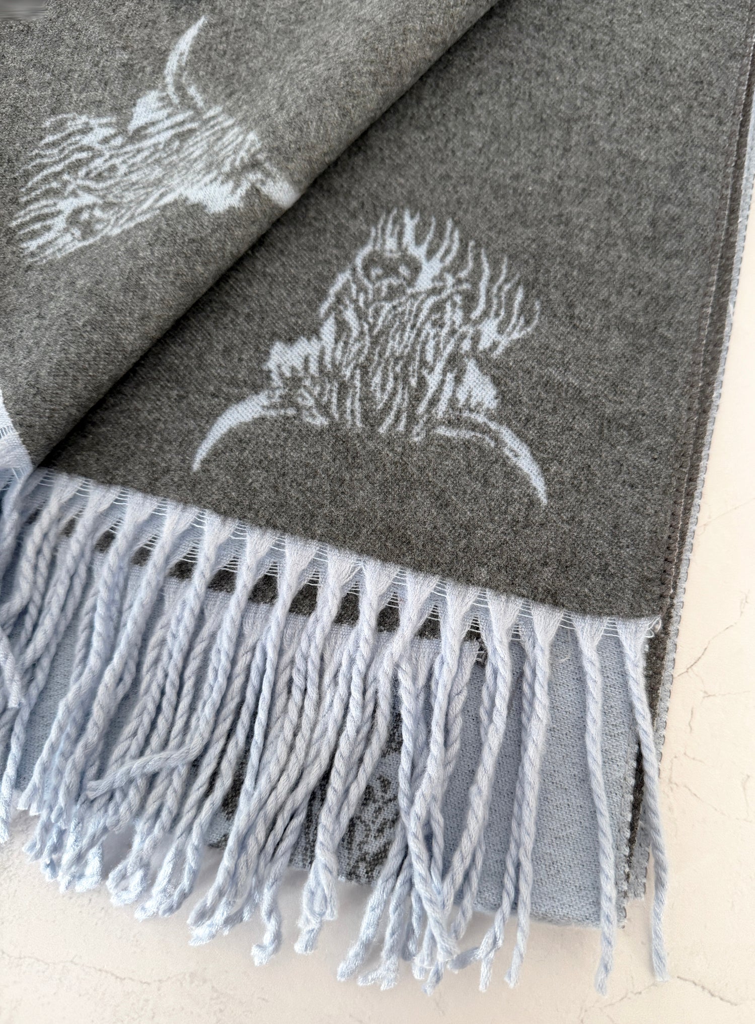 LARGE BABY BLUE HIGHLAND COW CASHMERE REVERSIBLE SHAWL SCARF