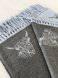 LARGE BABY BLUE HIGHLAND COW CASHMERE REVERSIBLE SHAWL SCARF