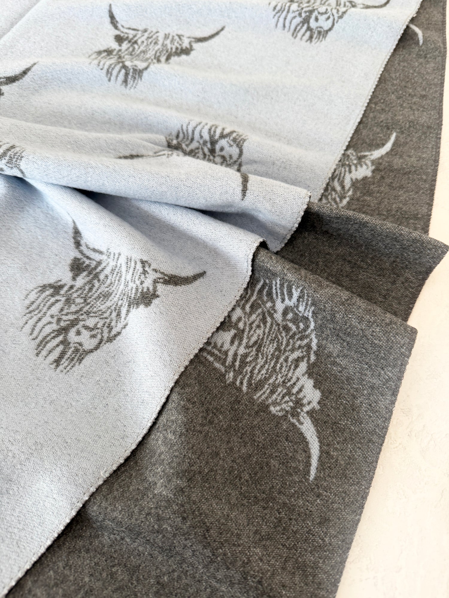 LARGE BABY BLUE HIGHLAND COW CASHMERE REVERSIBLE SHAWL SCARF