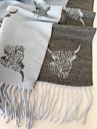 LARGE BABY BLUE HIGHLAND COW CASHMERE REVERSIBLE SHAWL SCARF