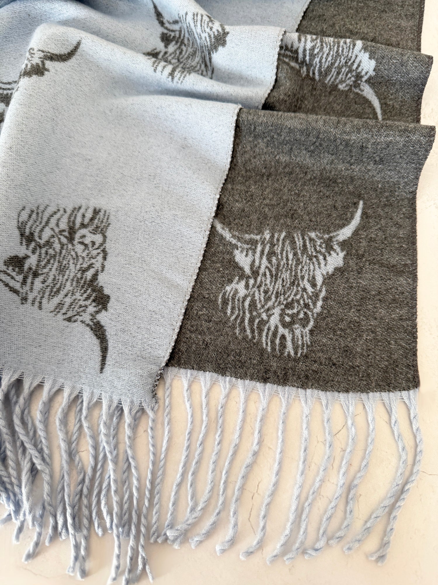 LARGE BABY BLUE HIGHLAND COW CASHMERE REVERSIBLE SHAWL SCARF