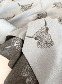 LARGE BABY BLUE HIGHLAND COW CASHMERE REVERSIBLE SHAWL SCARF