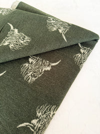 LARGE OLIVE BEIGE HIGHLAND COW CASHMERE REVERSIBLE SHAWL SCARF