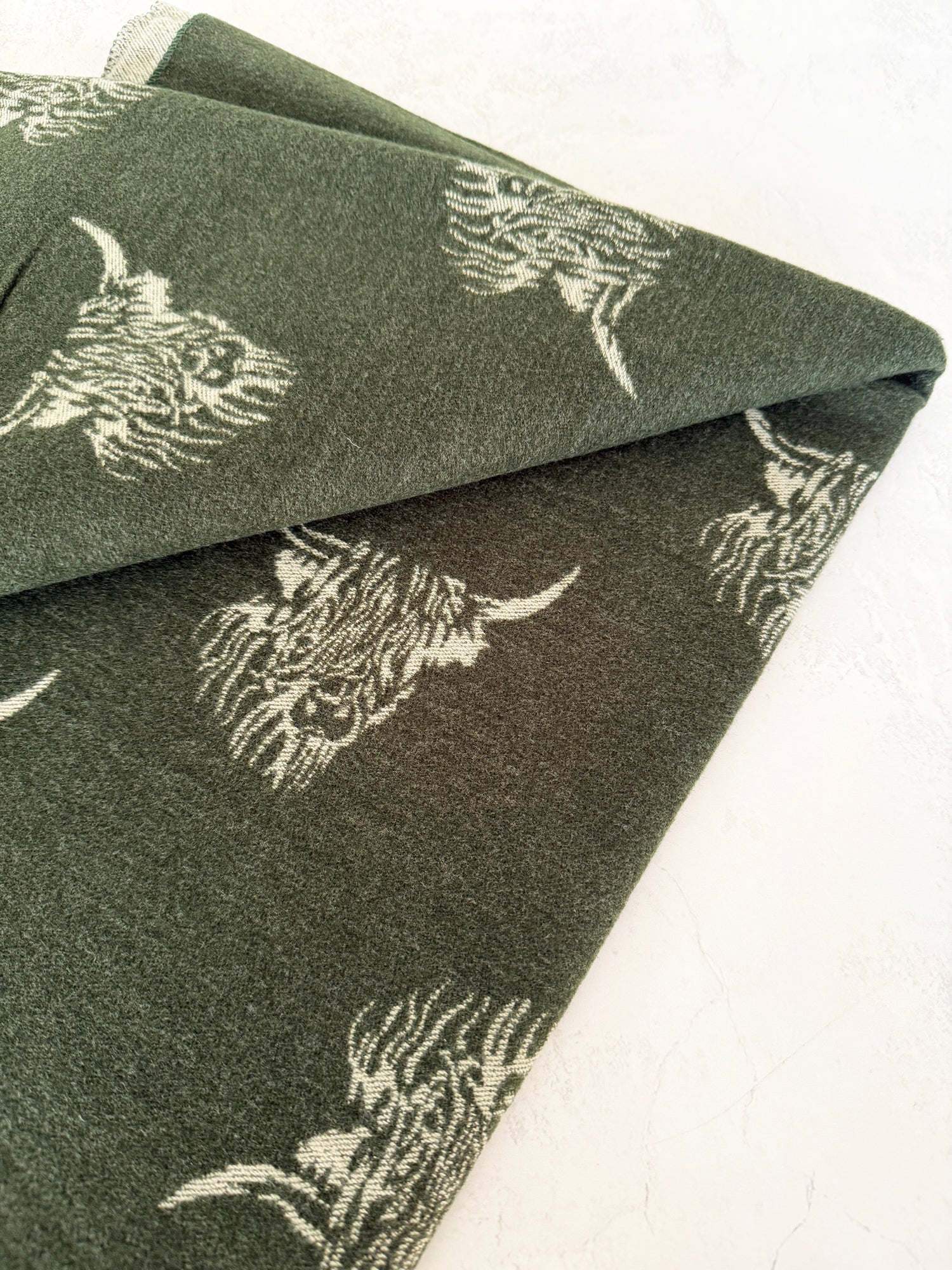 LARGE OLIVE BEIGE HIGHLAND COW CASHMERE REVERSIBLE SHAWL SCARF