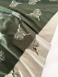 LARGE OLIVE BEIGE HIGHLAND COW CASHMERE REVERSIBLE SHAWL SCARF