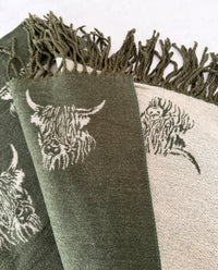 LARGE OLIVE BEIGE HIGHLAND COW CASHMERE REVERSIBLE SHAWL SCARF