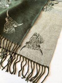 LARGE OLIVE BEIGE HIGHLAND COW CASHMERE REVERSIBLE SHAWL SCARF