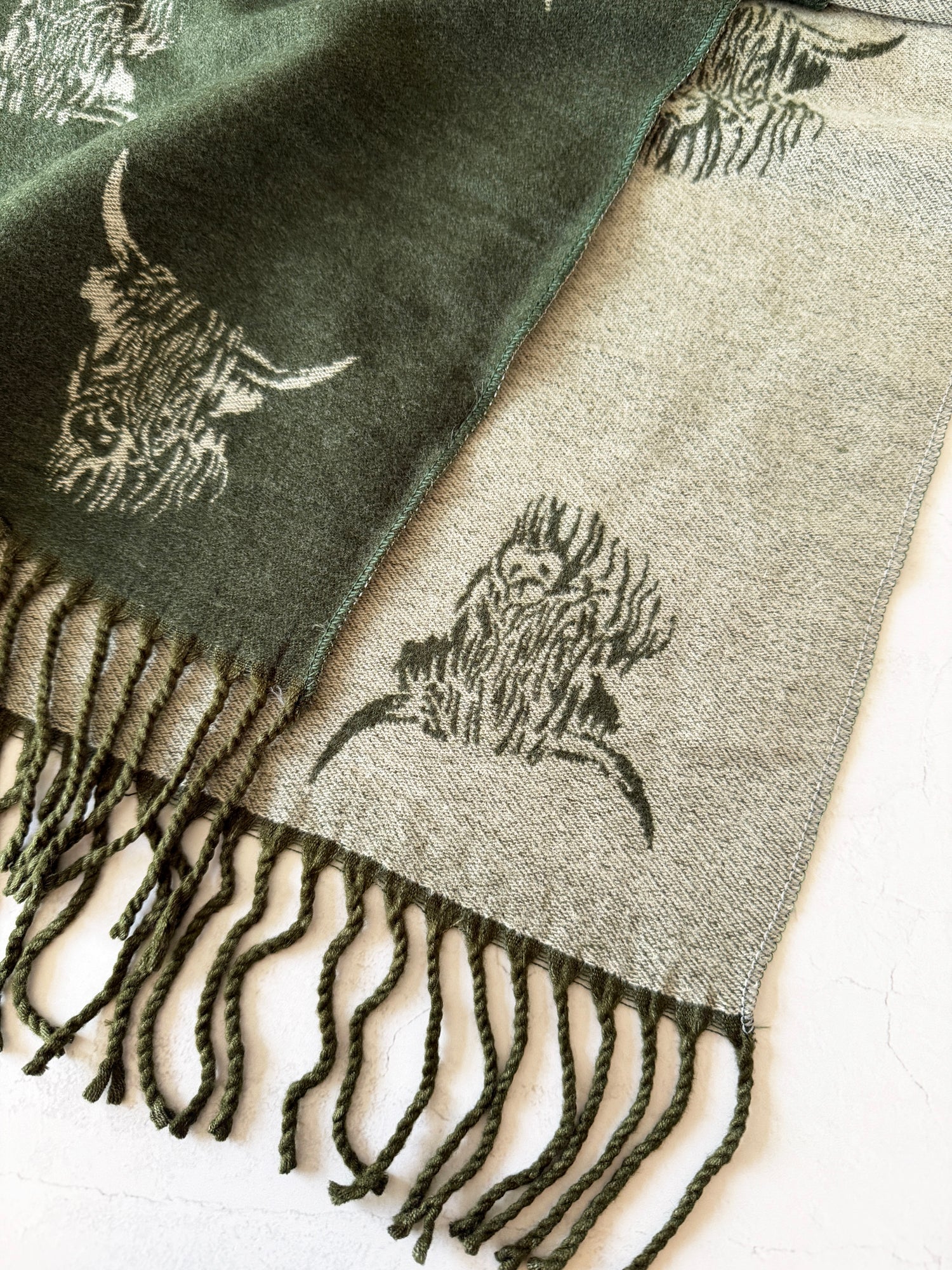 LARGE OLIVE BEIGE HIGHLAND COW CASHMERE REVERSIBLE SHAWL SCARF