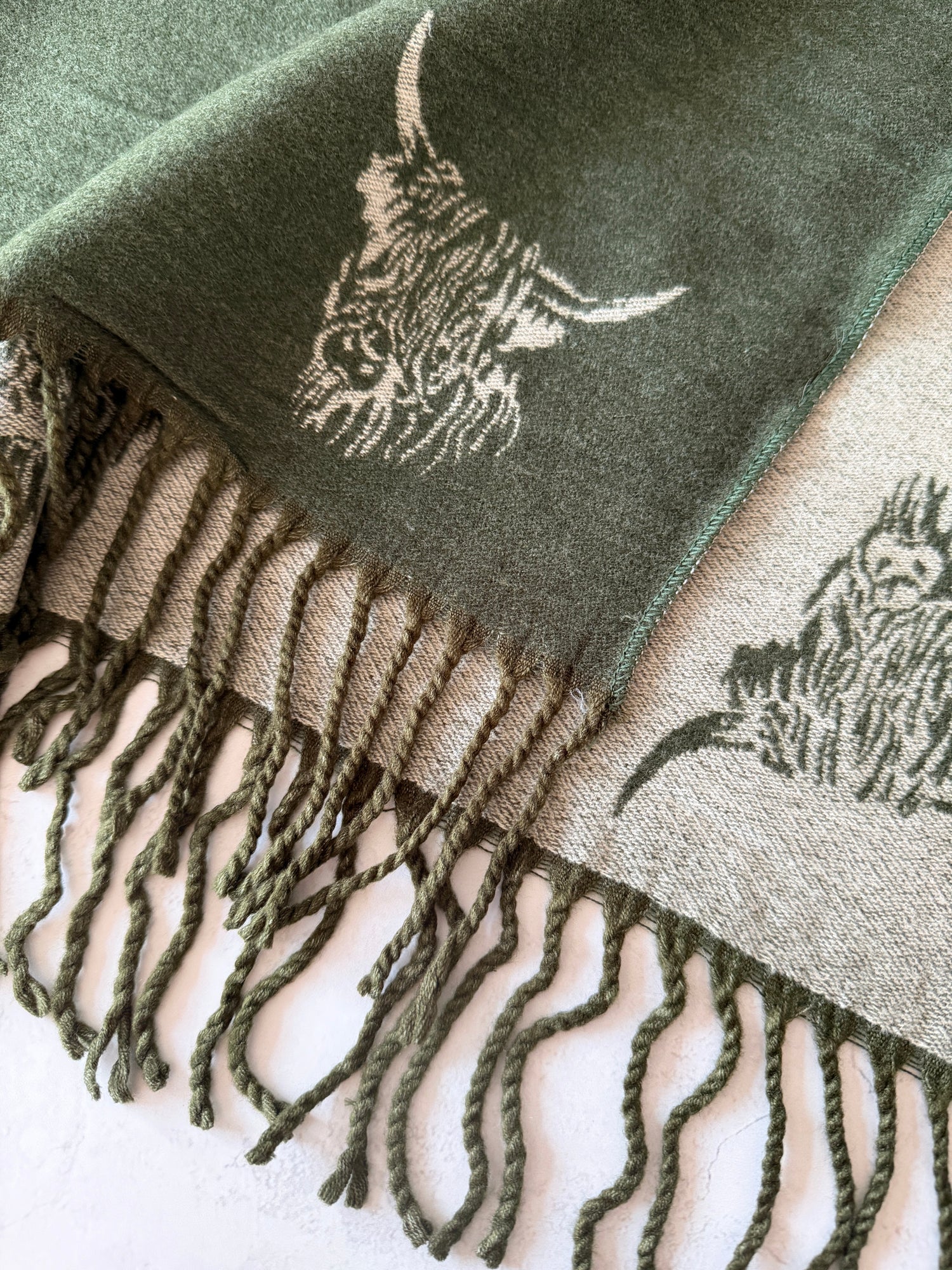 LARGE OLIVE BEIGE HIGHLAND COW CASHMERE REVERSIBLE SHAWL SCARF