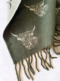 LARGE OLIVE BEIGE HIGHLAND COW CASHMERE REVERSIBLE SHAWL SCARF