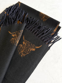 LARGE BLACK TAN HIGHLAND COW CASHMERE REVERSIBLE SHAWL SCARF