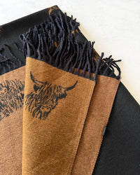 LARGE BLACK TAN HIGHLAND COW CASHMERE REVERSIBLE SHAWL SCARF