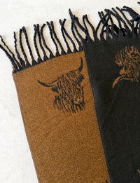 LARGE BLACK TAN HIGHLAND COW CASHMERE REVERSIBLE SHAWL SCARF