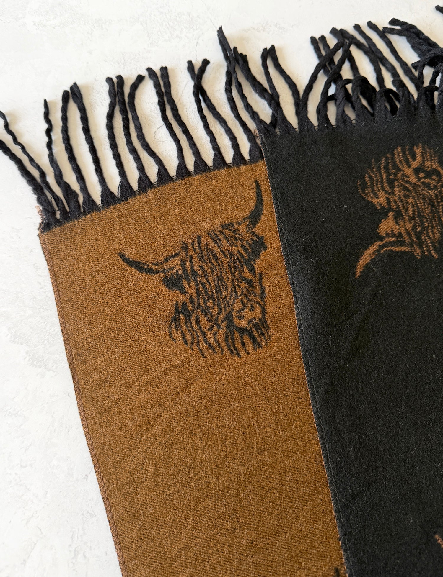 LARGE BLACK TAN HIGHLAND COW CASHMERE REVERSIBLE SHAWL SCARF
