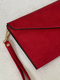 DEEP RED OVER-SIZED ENVELOPE CLUTCH BAG WITH LONG CROSS BODY AND WRISTLET STRAP - A-SHU.CO.UK