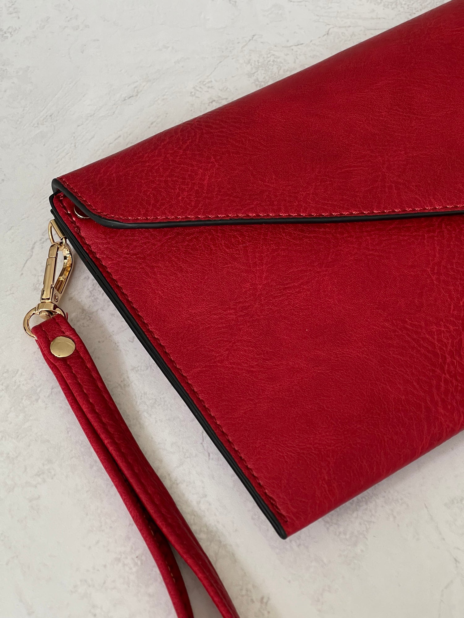 DEEP RED OVER-SIZED ENVELOPE CLUTCH BAG WITH LONG CROSS BODY AND WRISTLET STRAP - A-SHU.CO.UK