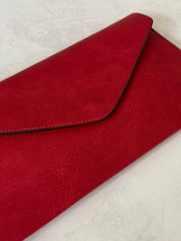 DEEP RED OVER-SIZED ENVELOPE CLUTCH BAG WITH LONG CROSS BODY AND WRISTLET STRAP - A-SHU.CO.UK