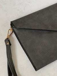 DARK GREY OVER-SIZED ENVELOPE CLUTCH BAG WITH LONG CROSS BODY AND WRISTLET STRAP - A-SHU.CO.UK
