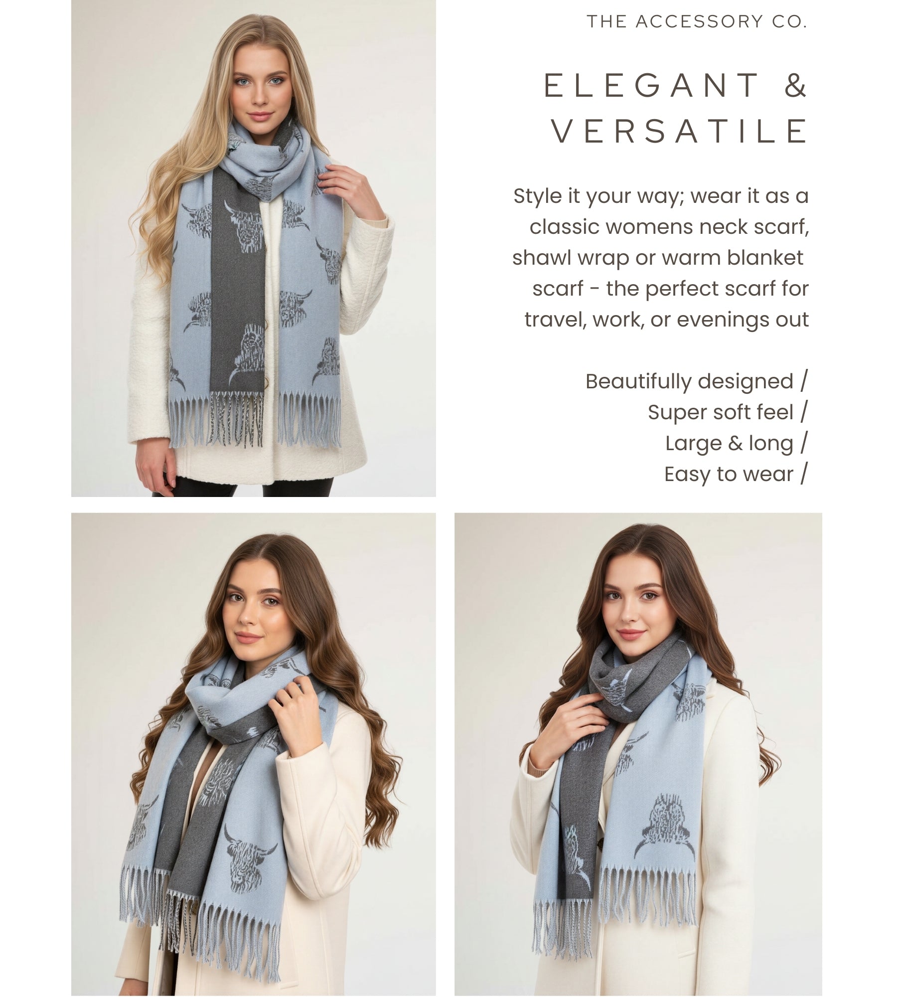 LARGE BABY BLUE HIGHLAND COW CASHMERE REVERSIBLE SHAWL SCARF