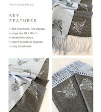 LARGE BABY BLUE HIGHLAND COW CASHMERE REVERSIBLE SHAWL SCARF