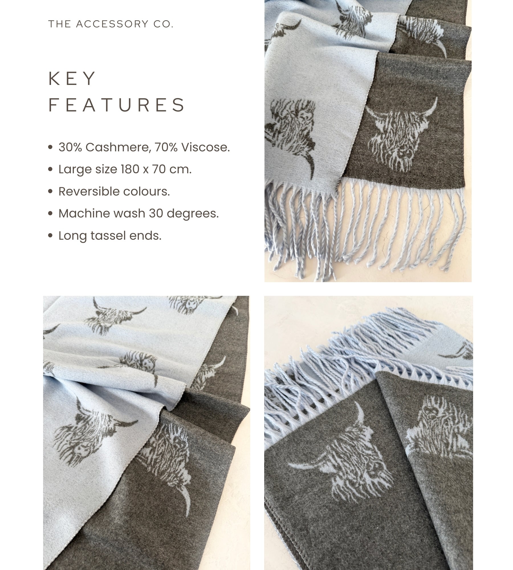 LARGE BABY BLUE HIGHLAND COW CASHMERE REVERSIBLE SHAWL SCARF