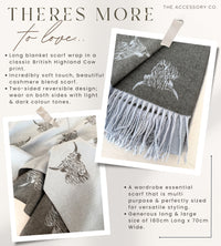 LARGE BABY BLUE HIGHLAND COW CASHMERE REVERSIBLE SHAWL SCARF