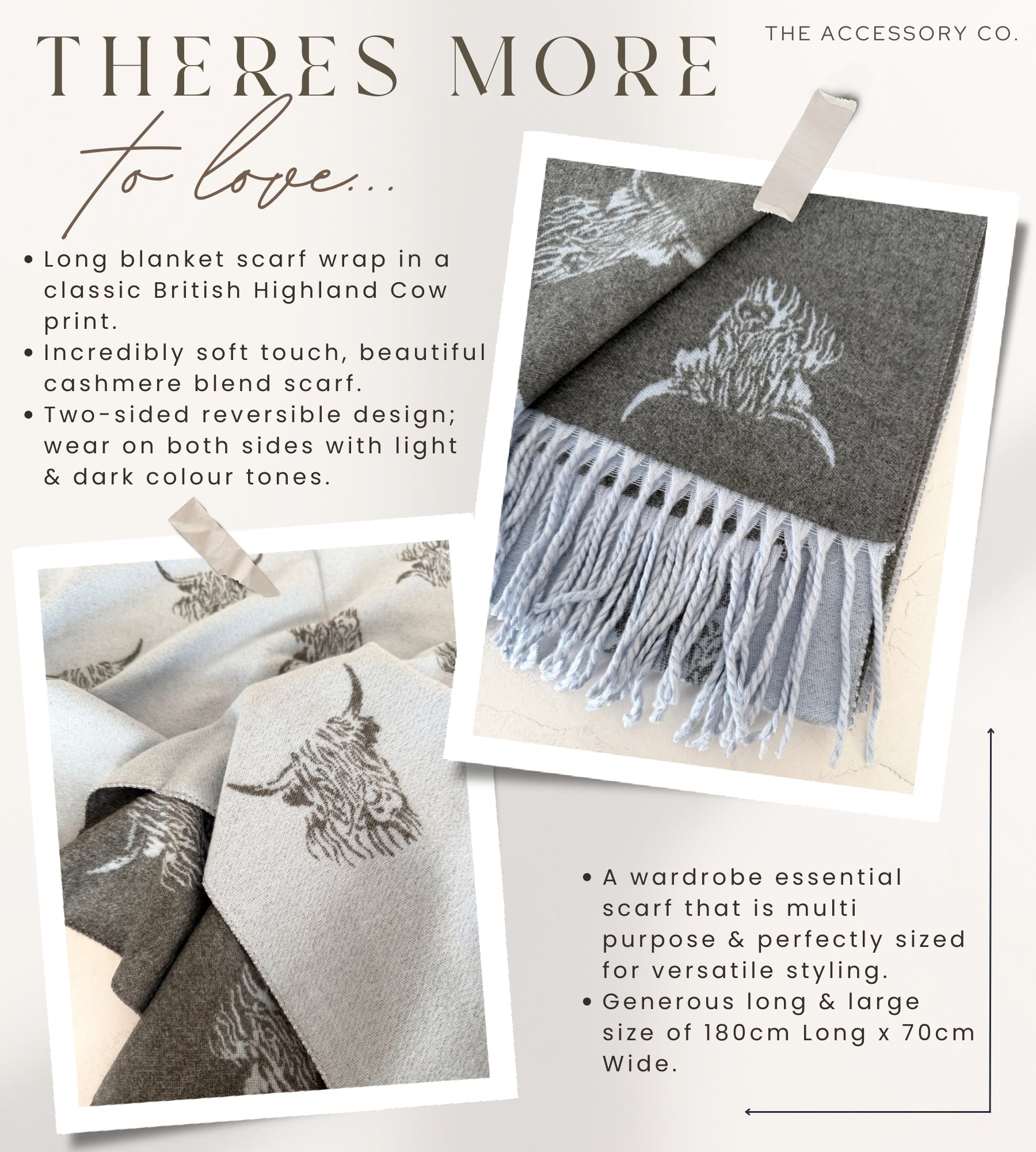 LARGE BABY BLUE HIGHLAND COW CASHMERE REVERSIBLE SHAWL SCARF