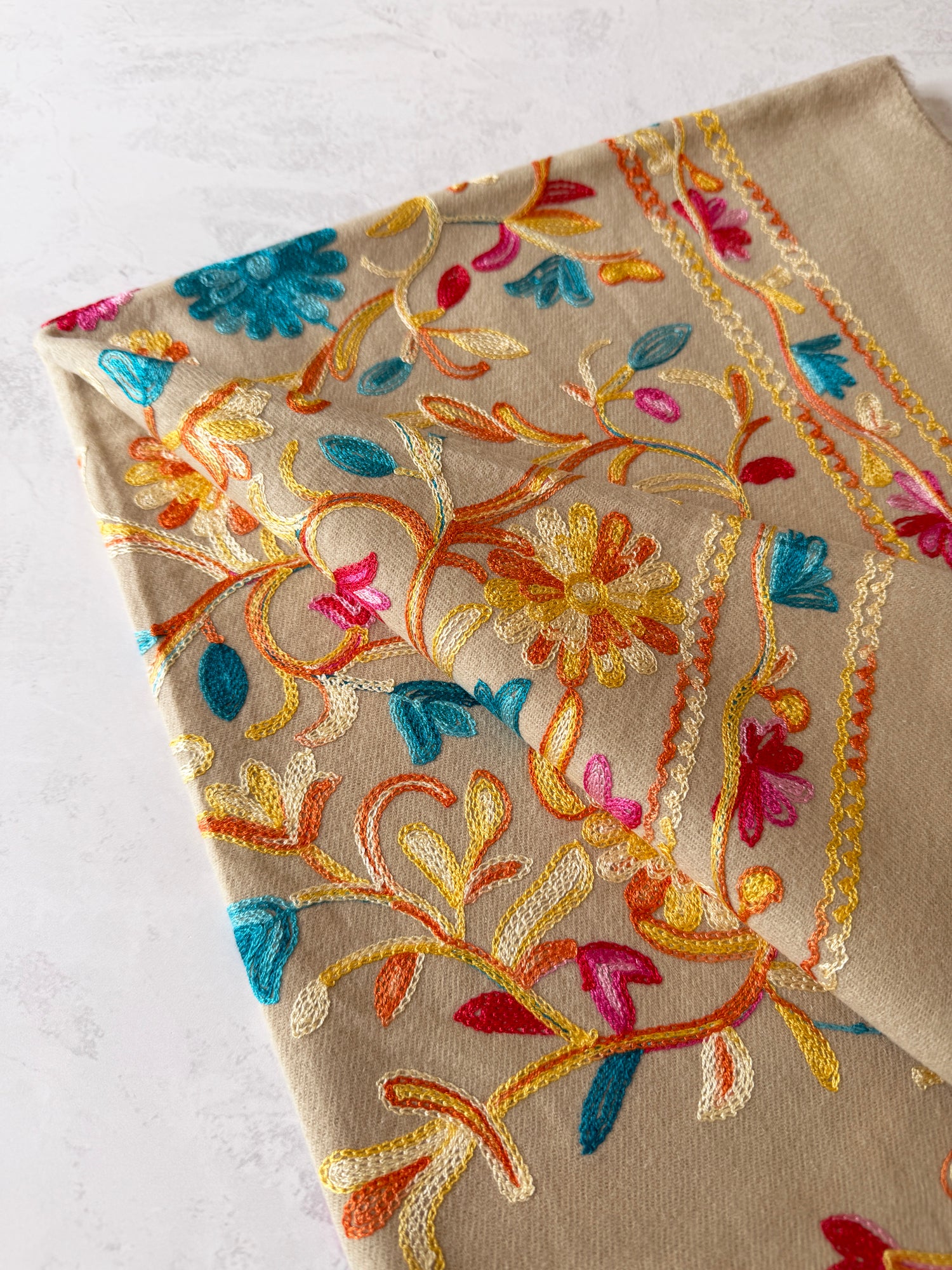 LARGE BEIGE FLOWER PRINT CASHMERE COTTON BLEND WINTER SHAWL BLANKET SCARF