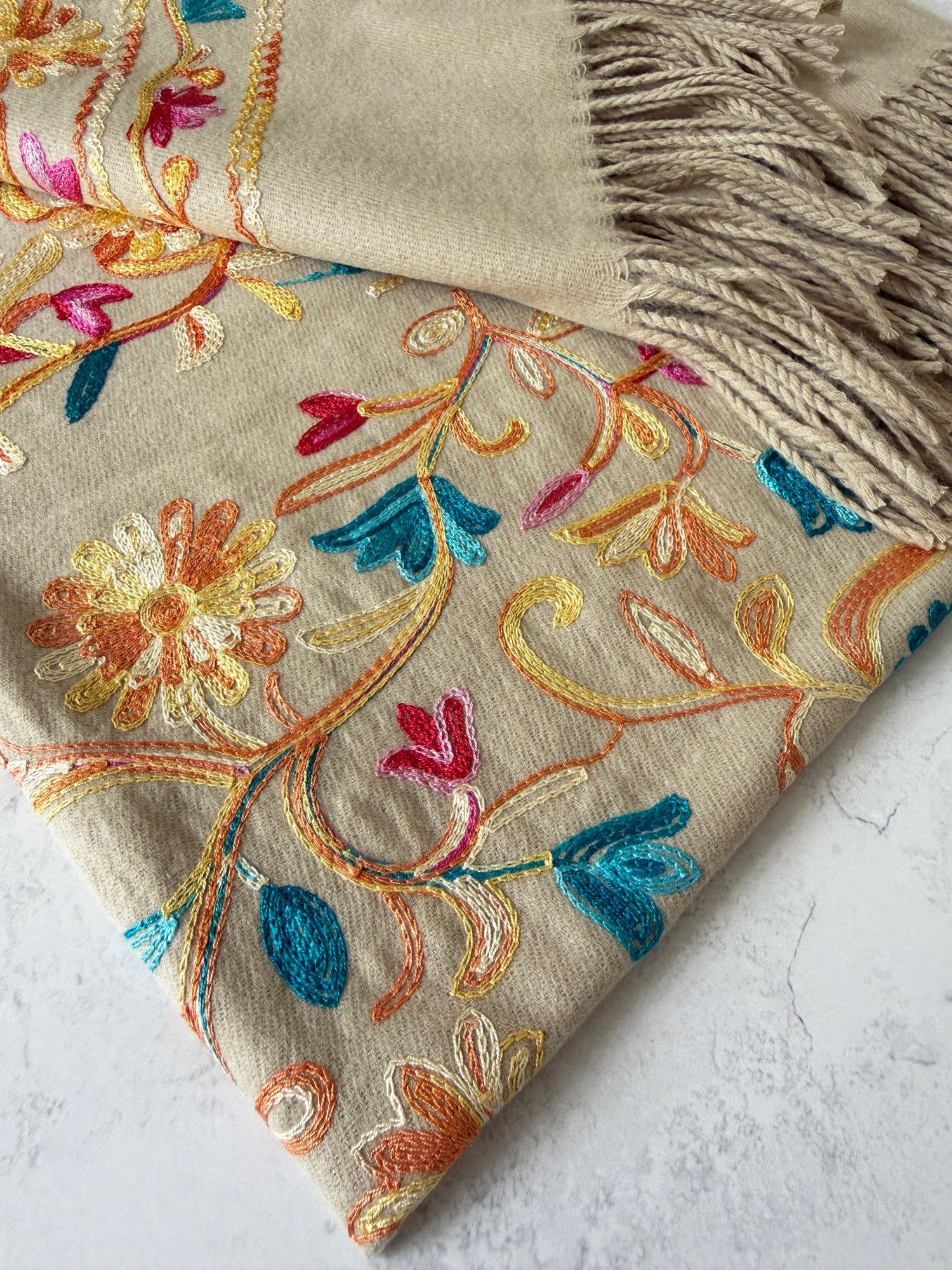 LARGE BEIGE FLOWER PRINT CASHMERE COTTON BLEND WINTER SHAWL BLANKET SCARF
