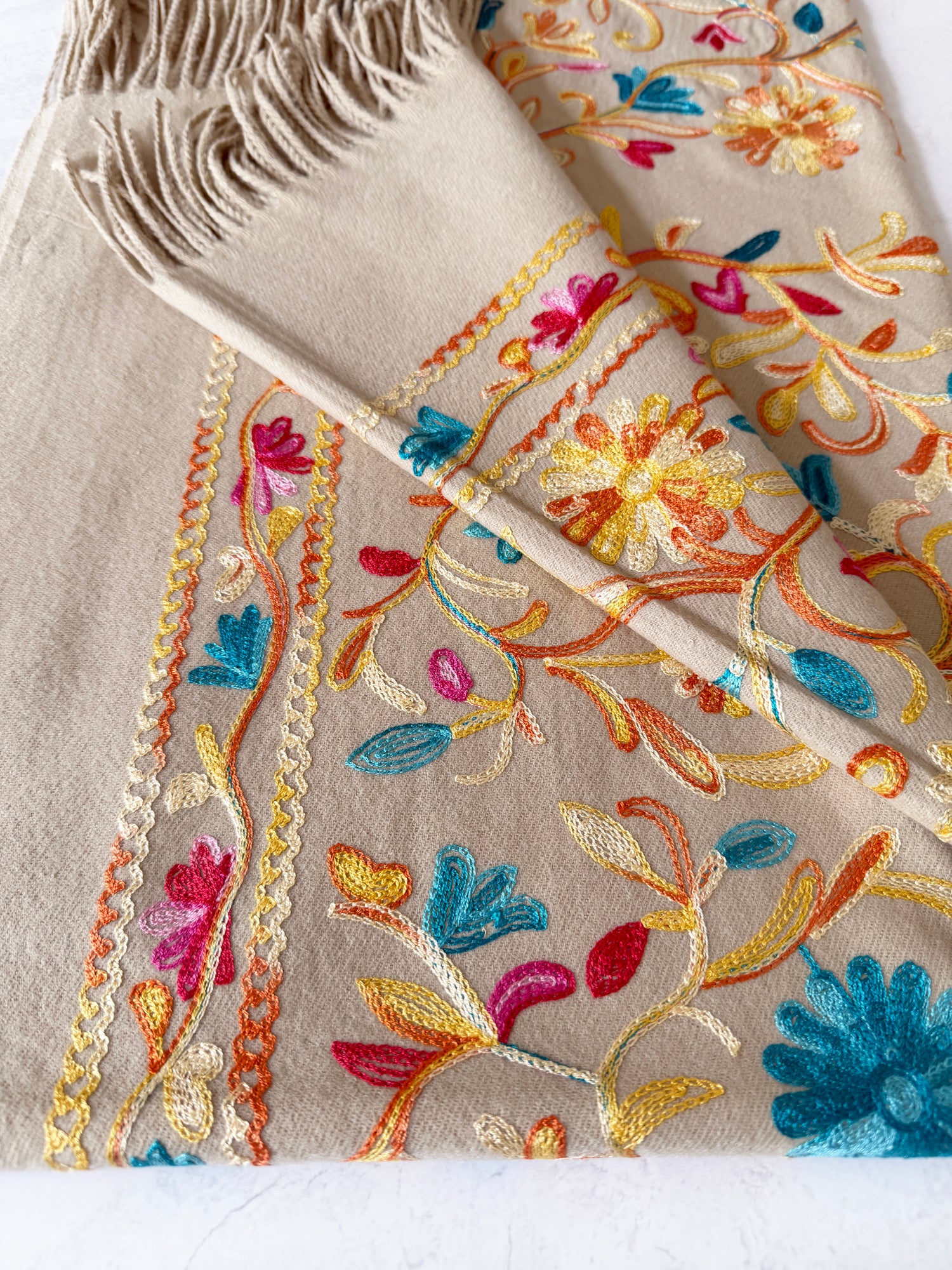LARGE BEIGE FLOWER PRINT CASHMERE COTTON BLEND WINTER SHAWL BLANKET SCARF